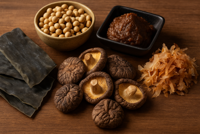 Naturalne składniki bogate w smak umami – wodorosty konbu, suszone grzyby shiitake, pasta miso, płatki bonito i ziarna soi ułożone na drewnianym blacie