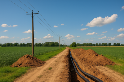 Skablowanie linii energetycznej na wsi – rów z kablami ułożonymi w ziemi obok istniejącej linii napowietrznej na tle pól i nieba