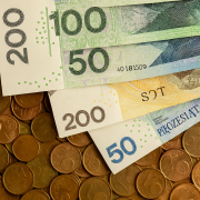 Polskie banknoty 200, 100 i 50 złotych ułożone na tle monet eurocentowych – symboliczne przedstawienie podatków i odszkodowań dla rolników