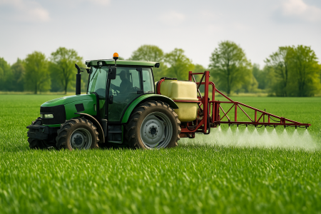 Zielony traktor z opryskiwaczem wykonuje zabieg ochrony roślin na polu uprawnym w słoneczny dzień