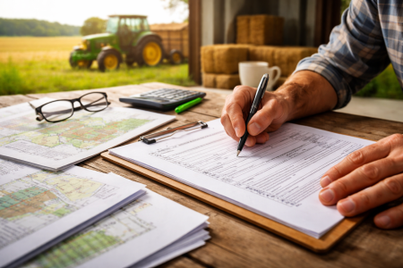 rolnik wypełnia wniosek o dopłaty bezpośrednie przy biurku w gospodarstwie